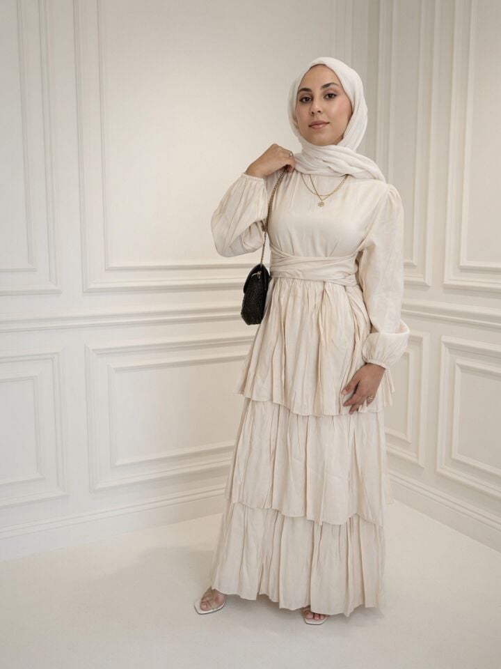 KARYA KATLI TAŞ RENGİ ELBİSE