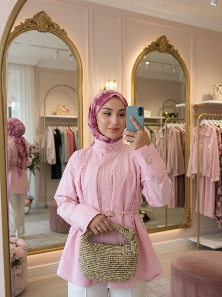 İNCİ PEMBE KEMERLİ GÖMLEK